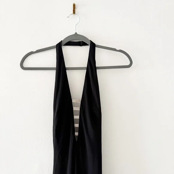 Vintage 90s Lillie Rubin Rhinestone Back Detail Halter Neck Black Formal Gown XS - Picture 3 of 10